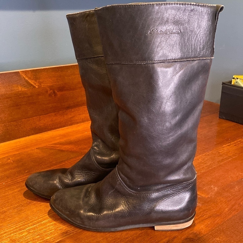 Eddie Bauer Black Soft Leather Shearling lined Riding Boots pull on Sz 9 - Picture 3 of 11